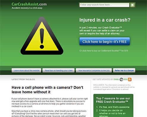 carcrashassist.com homepage (August 2009)